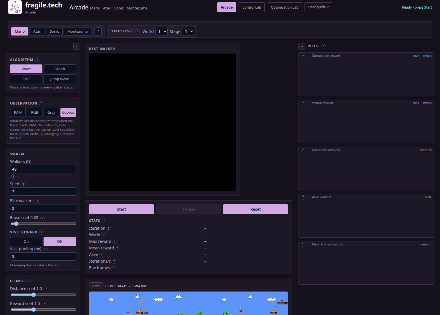 Arcade Lab overview showing the Mario game screen, sidebar settings, swarm statistics, level map, and reward plots.