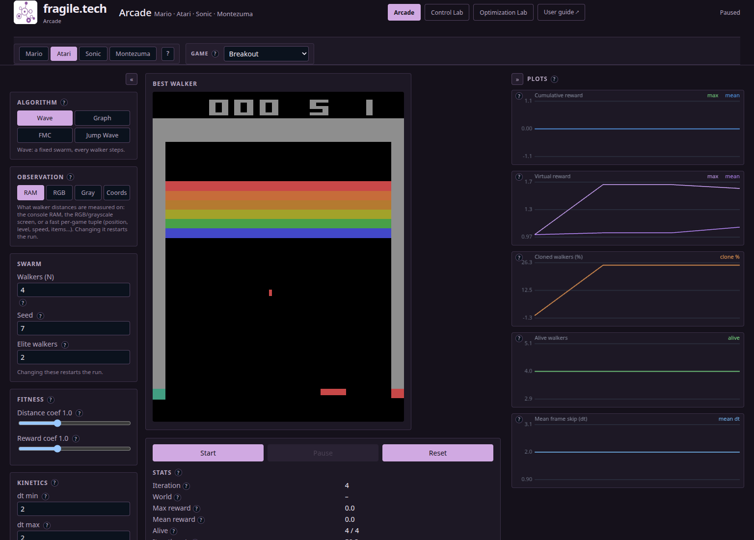 Atari Breakout frame with the paddle below the ball and the generic ALE arcade run readouts beside it.
