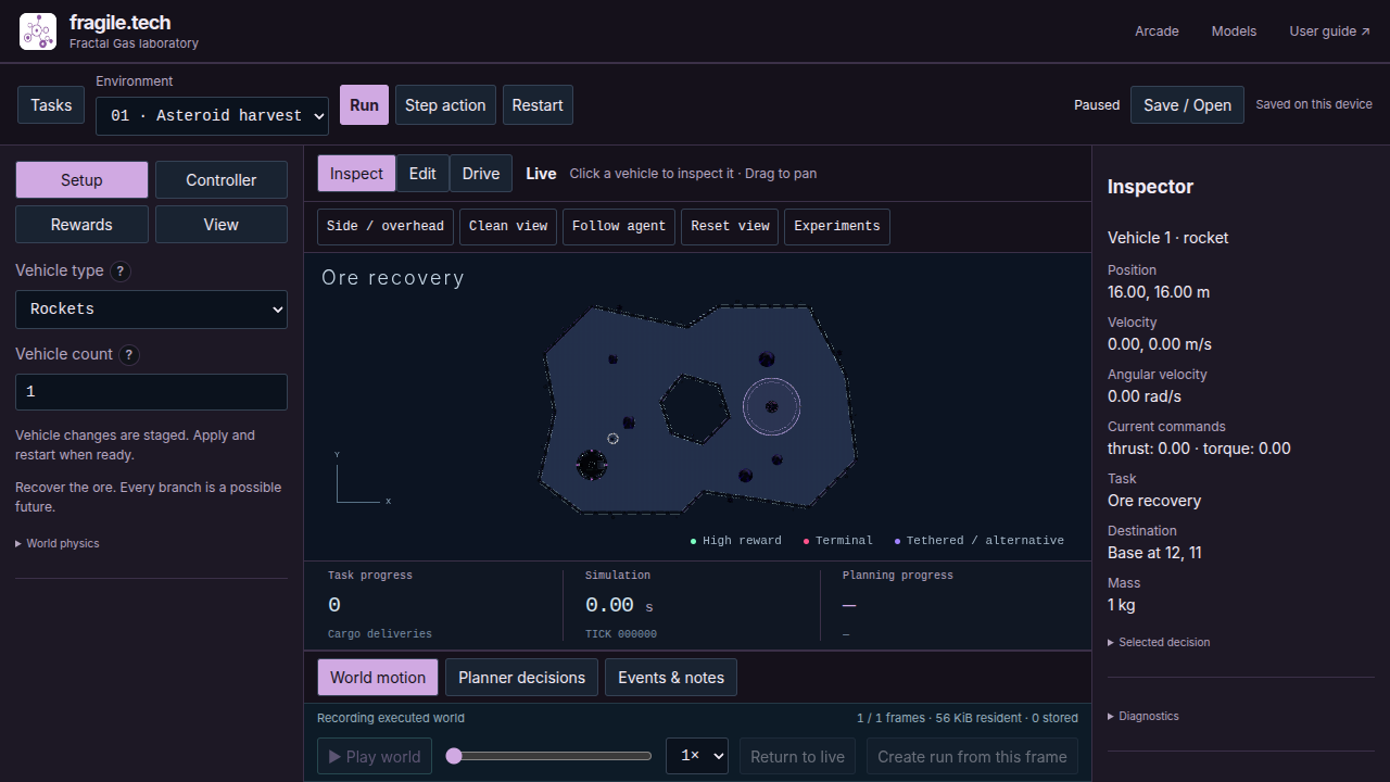 Paused asteroid-harvesting workspace at tick zero, with the Run toolbar, Setup settings, ore recovery world, inspector, and World motion timeline visible.