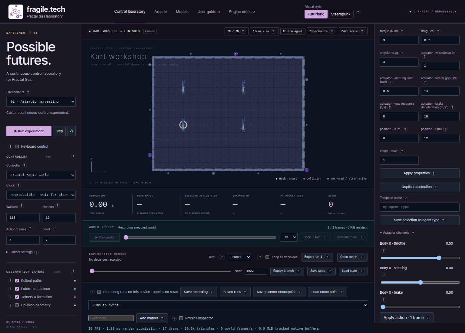 Expanded actuator channel sliders and the one-frame action button in the Lab editor.