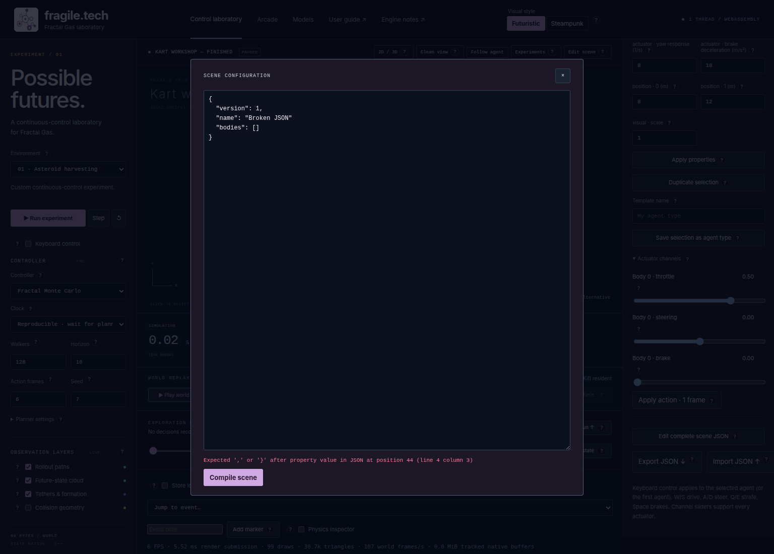 Scene JSON editor displaying an error from an invalid draft.