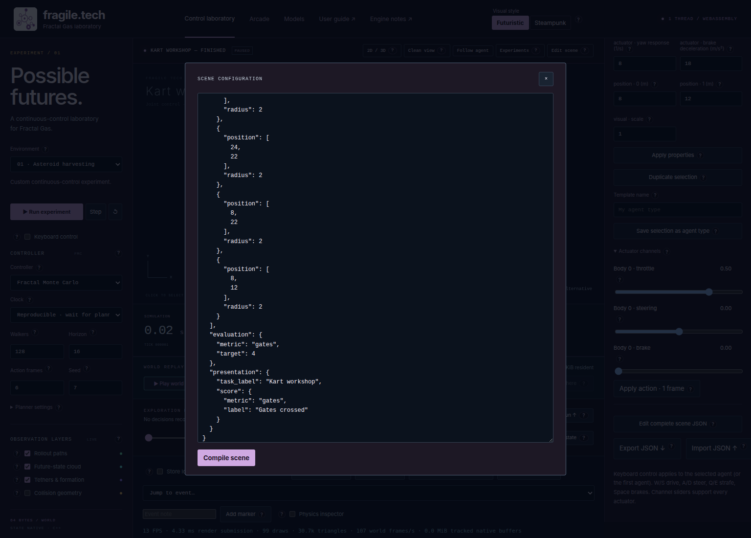 Complete scene JSON dialog showing editable scene configuration and Compile scene button.