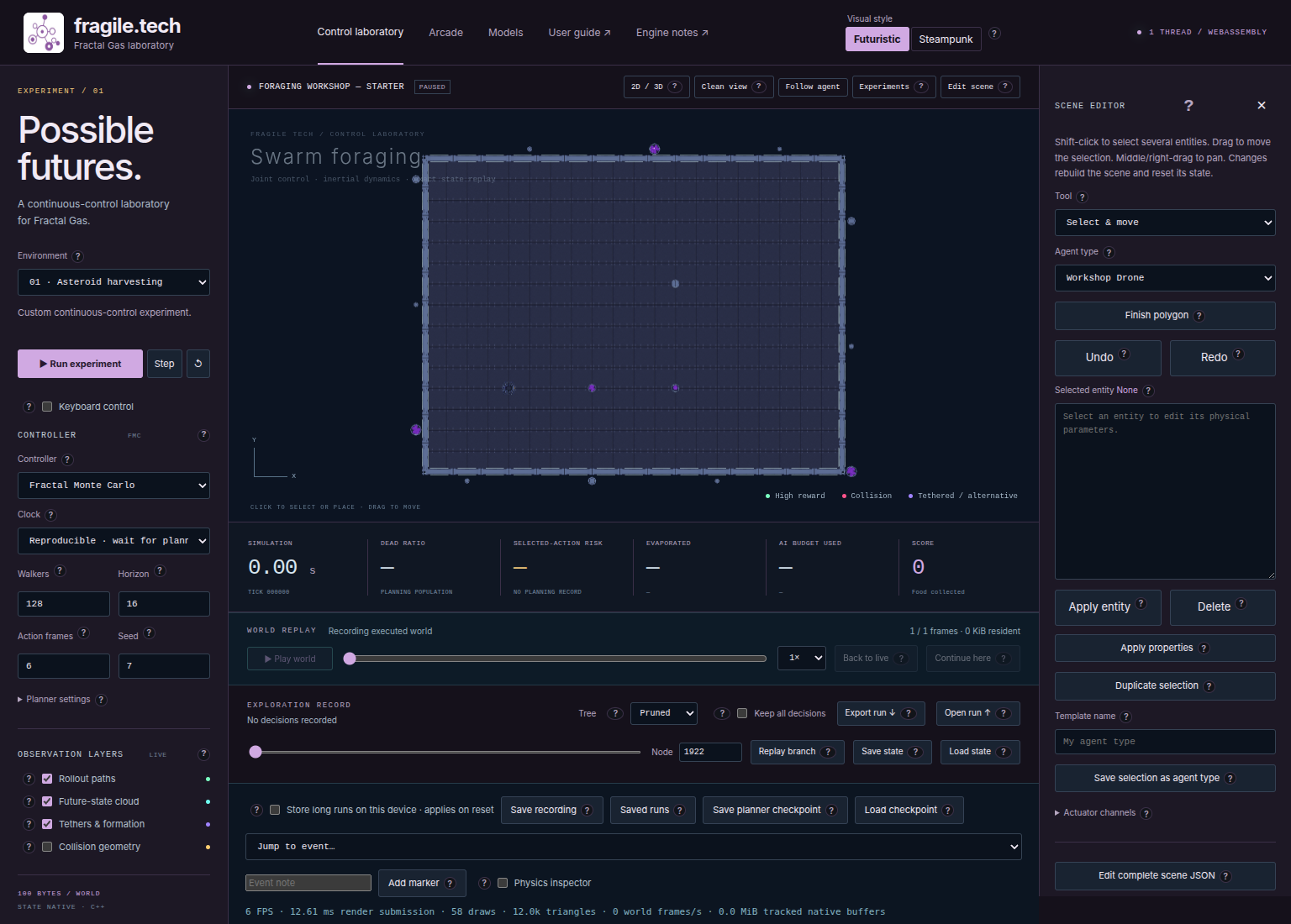 Lab editor showing the tool selector, agent type selector, and scene beside its controls.