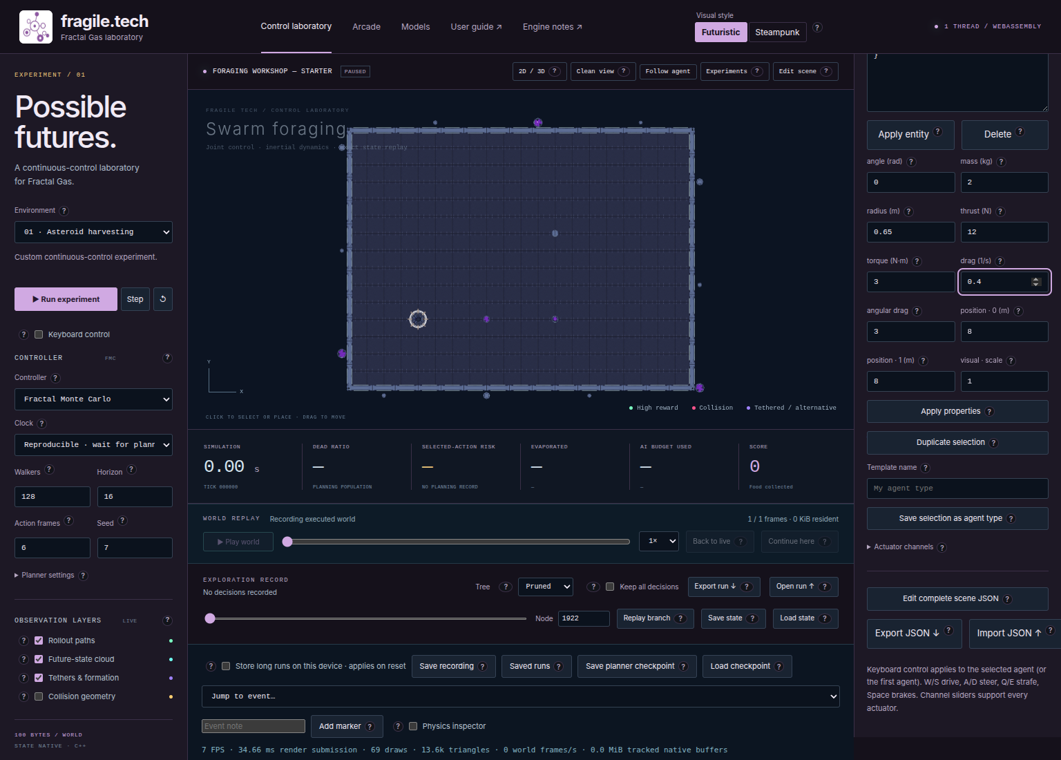 Numeric drone properties with mass 2 and drag 0.4 prepared in the Lab scene editor.
