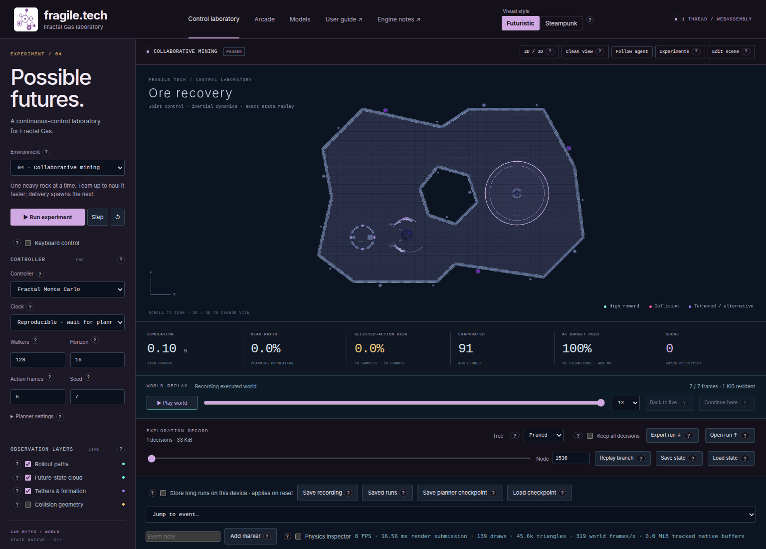 Overhead Collaborative mining view after one planned Step, showing the nearby rockets, cargo, and base.