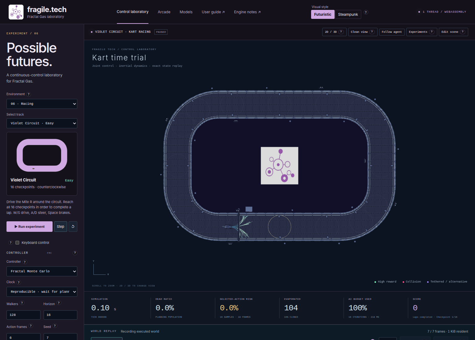 Earlier Lab layout showing Violet Circuit from above after one planner decision, with planning diagnostics visible.