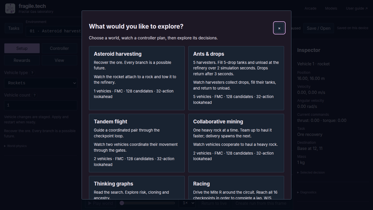 First-visit Tasks chooser with cards for all six environments and Open saved run and Explore the workspace actions.