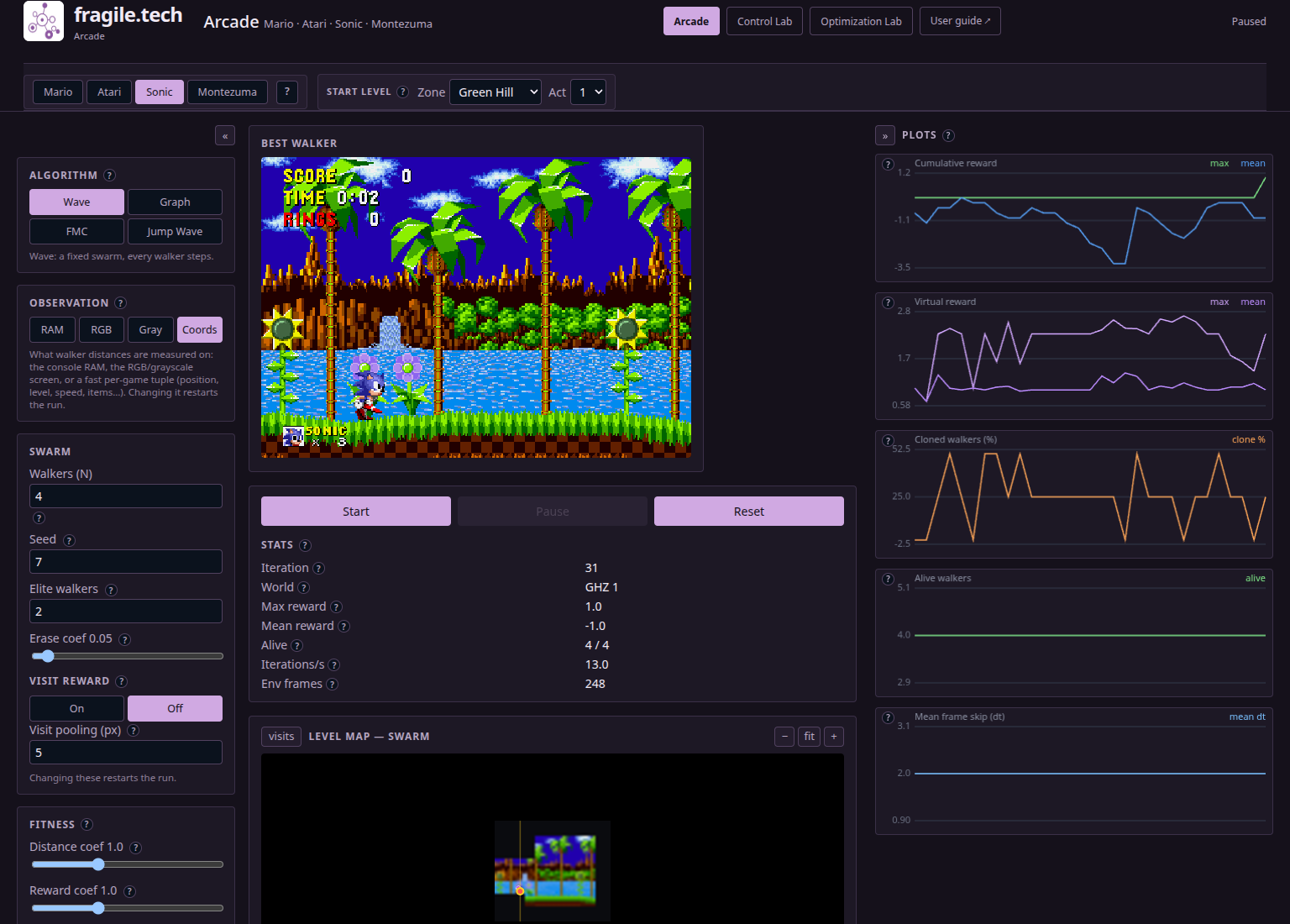 Sonic in Green Hill Zone with the Arcade Lab’s swarm overlaid on the game.